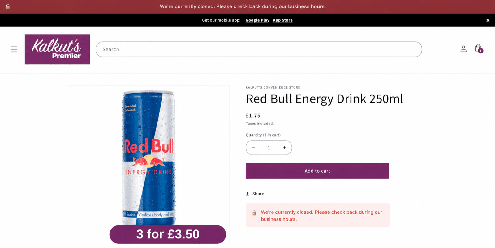 Kalkut's Convenience Store storefront on kalkuts.co.uk showing the 'We're currently closed' banner OrderRules triggers outside 8:30am–8:30pm trading hours