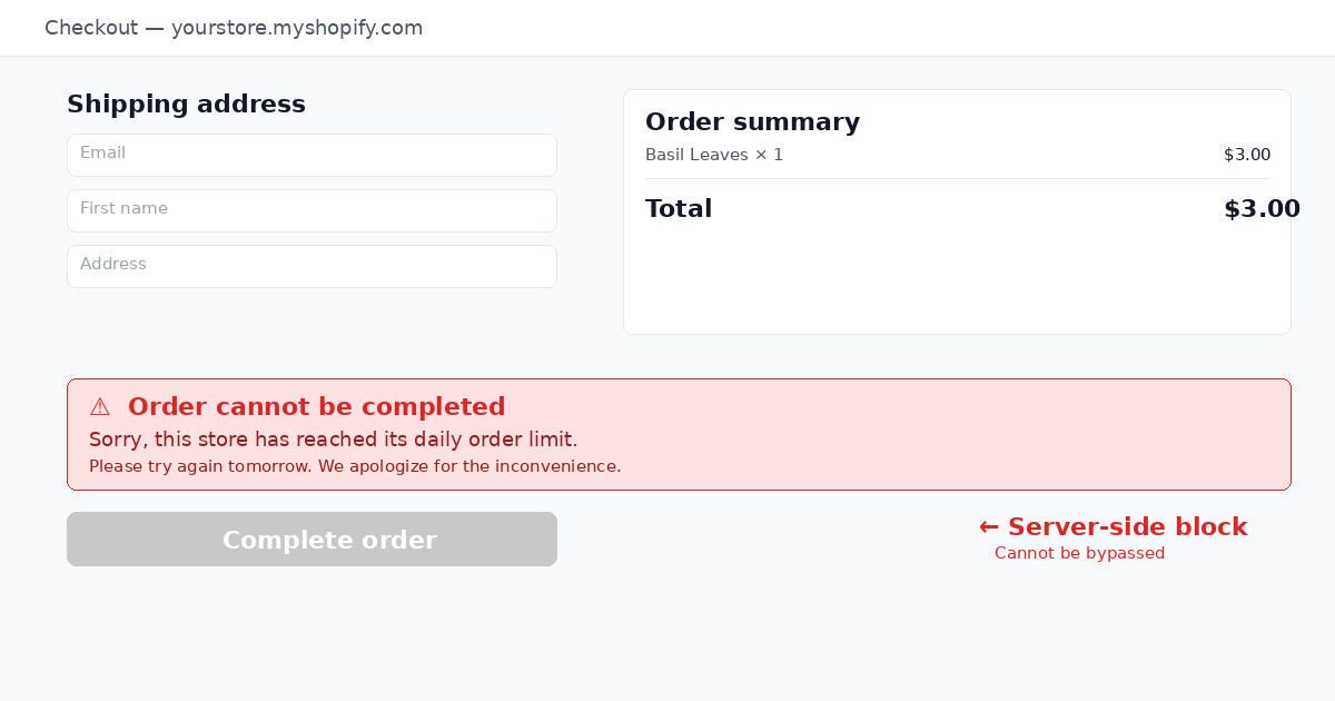 Customer-facing checkout validation message