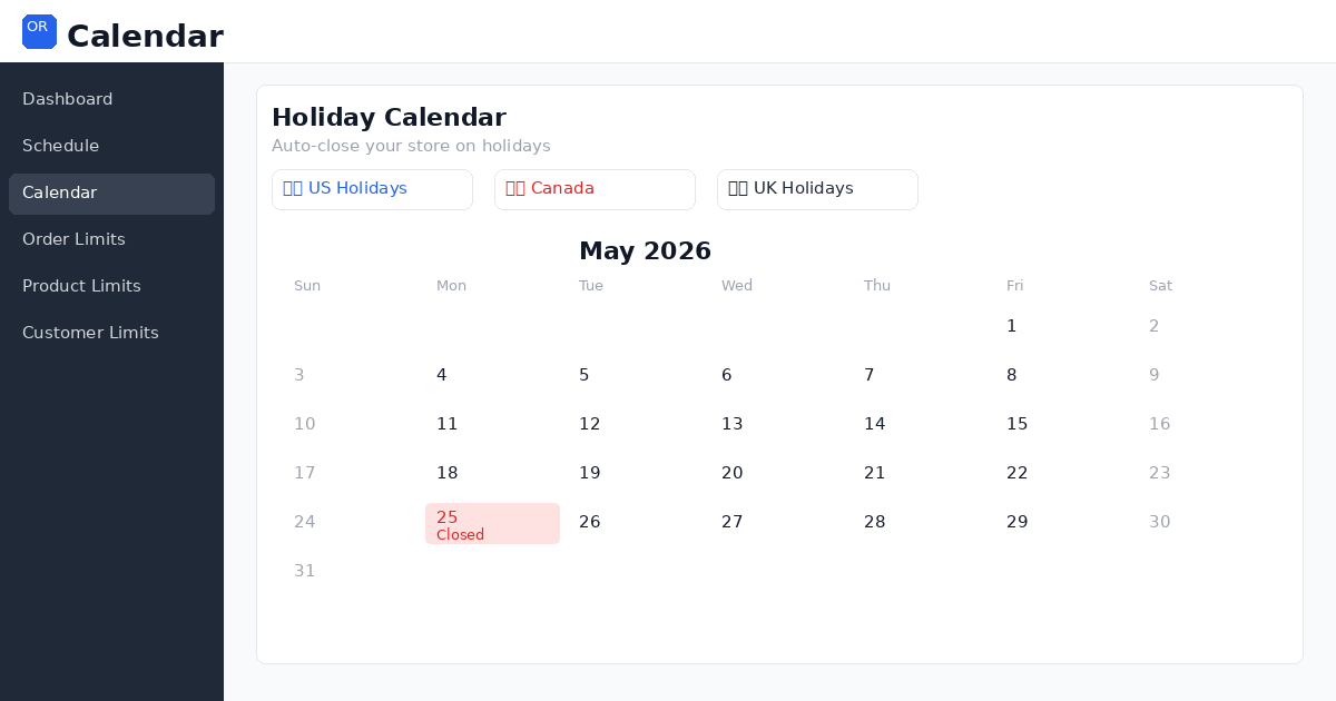 Holiday calendar setup in OrderRules dashboard